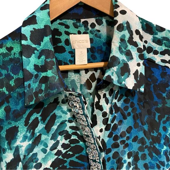 Chico’s Blue & Green Animal Print & Rhinestone Sheer Button Up Size 3, XXL - Picture 2 of 10